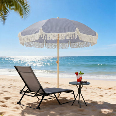 Outsunny 1.7 m Beach Umbrella with Sand Anchor, 30° Tilting Fringed Beach Garden Parasol with Adjustable Height, Blue 
