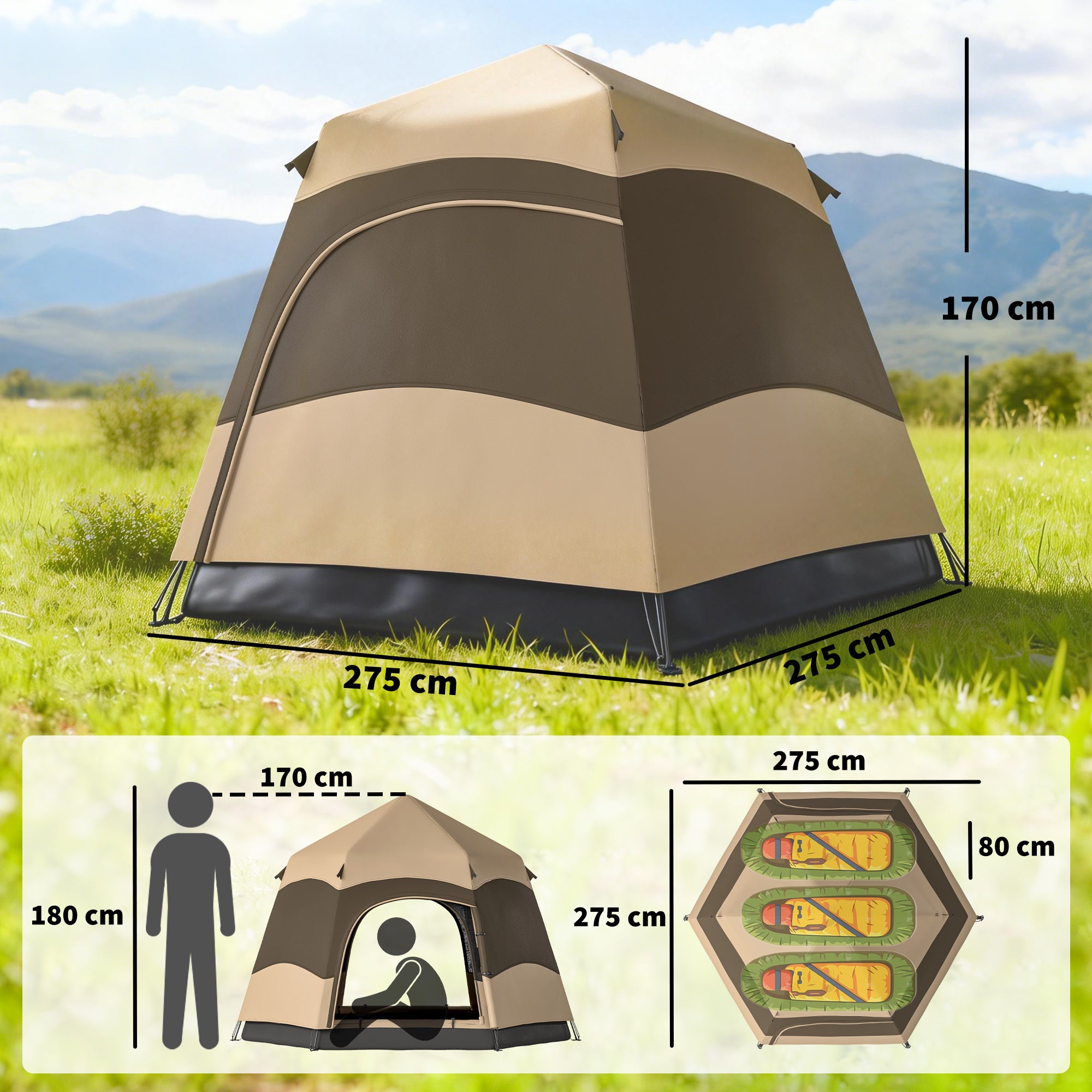 Outsunny Double Layer Instant Pop Up Tent with Rainfly, Portable Camping Shelter with Sewn-in Groundsheet and Carry Bag, Brown 