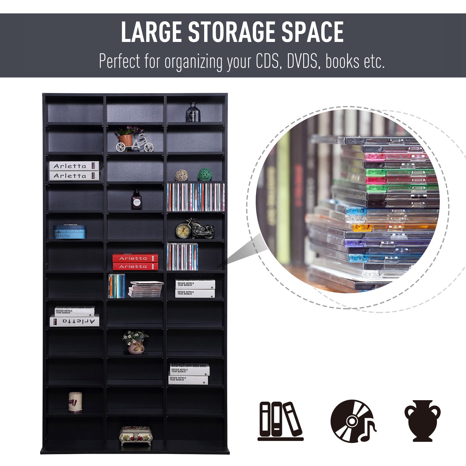 HOMCOM 1116 CD/ 528 DVD Storage Shelf Rack Media Storage Unit Shelves Racks Wooden Display Unit with 10 Adjustable Shelves, Black 