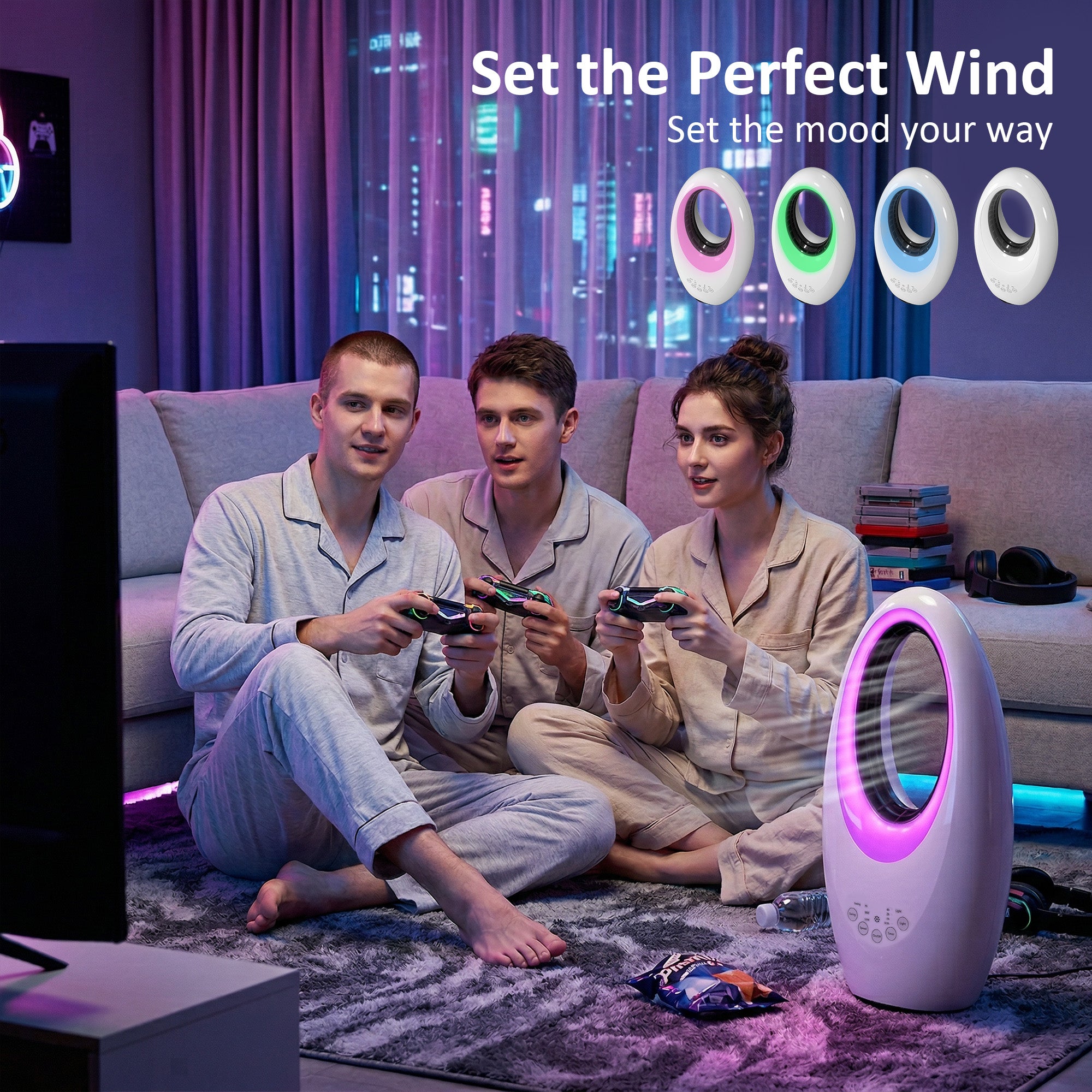 HOMCOM Bladeless Tower Fan, 36dB Standing Cooling Fan with 60° Oscillating, LED Lights, 3 Speeds, 7.5H Timer, Remote Control 