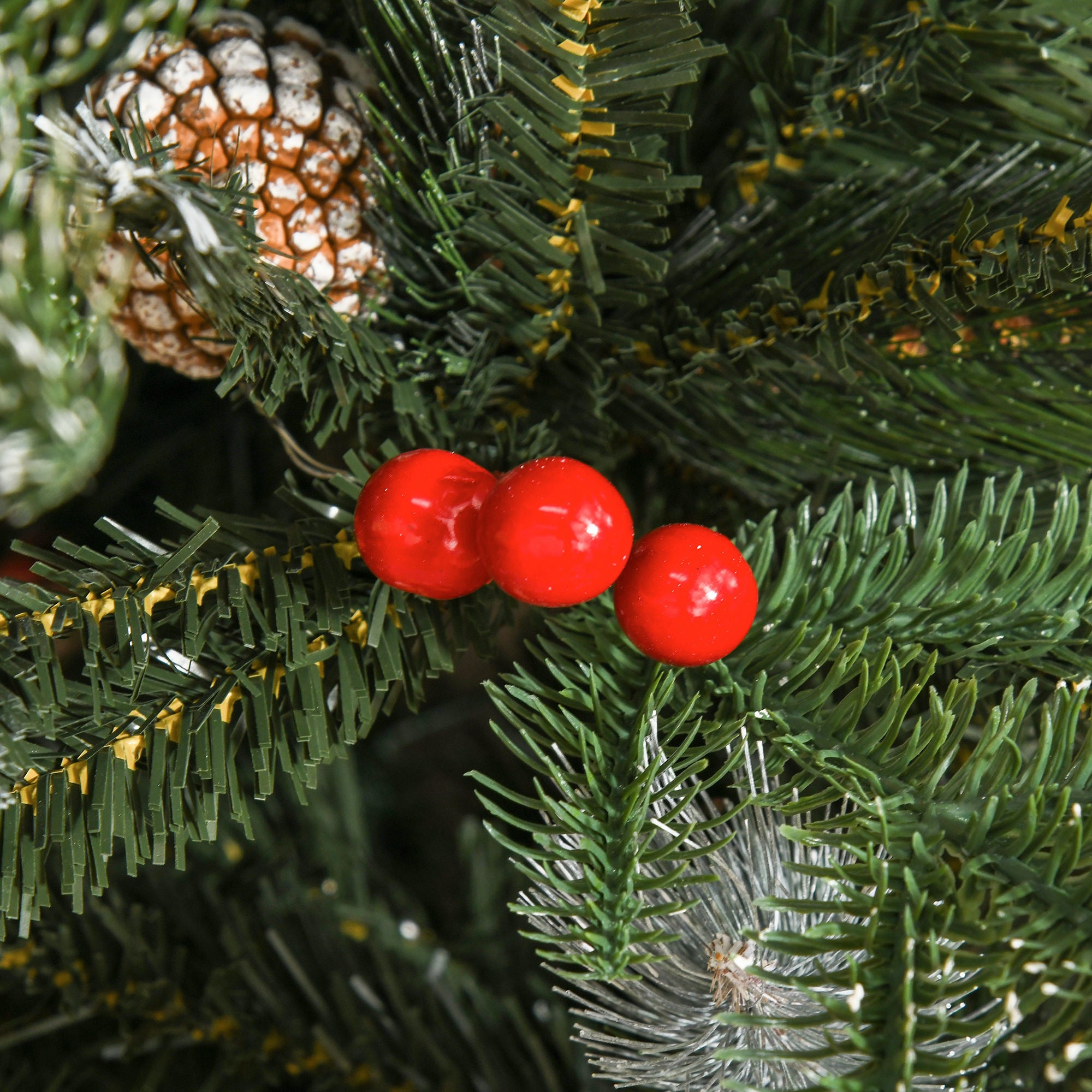 HOMCOM 5FT Artificial Snow Dipped Christmas Tree Xmas Pencil Tree Holiday Home Party Decoration with Foldable Feet Red Berries White Pinecones, Green 