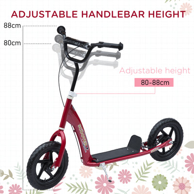 HOMCOM Kids Scooter Kick Scooter with 12" EVA Tyres, Rear Brake, Big Wheels Scooter for 5-12 Years Old, Red 