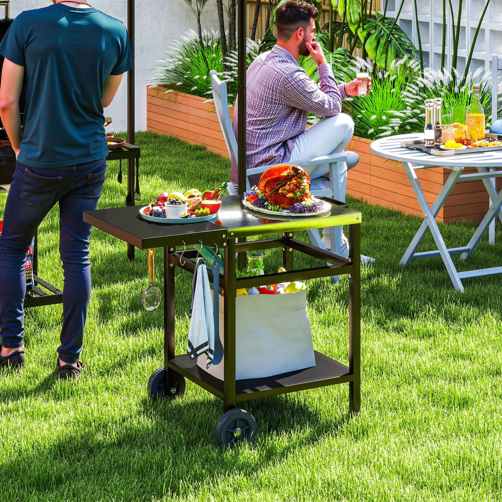 Outsunny BBQ Trolley with Stainless Steel Top and Foldable Side Table, Outdoor Kitchen BBQ Station with Hooks and Shelf, Pizza Oven Table Movable Outdoor Grill Dining Cart with Cover, Black 