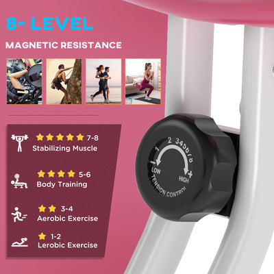 HOMCOM Exercise Bike Fitness Bicycle Indoor trainer Foldable 8-level Magnetic Resistance Adjustable w/LCD Monitor Pulse Sensor, Pink 