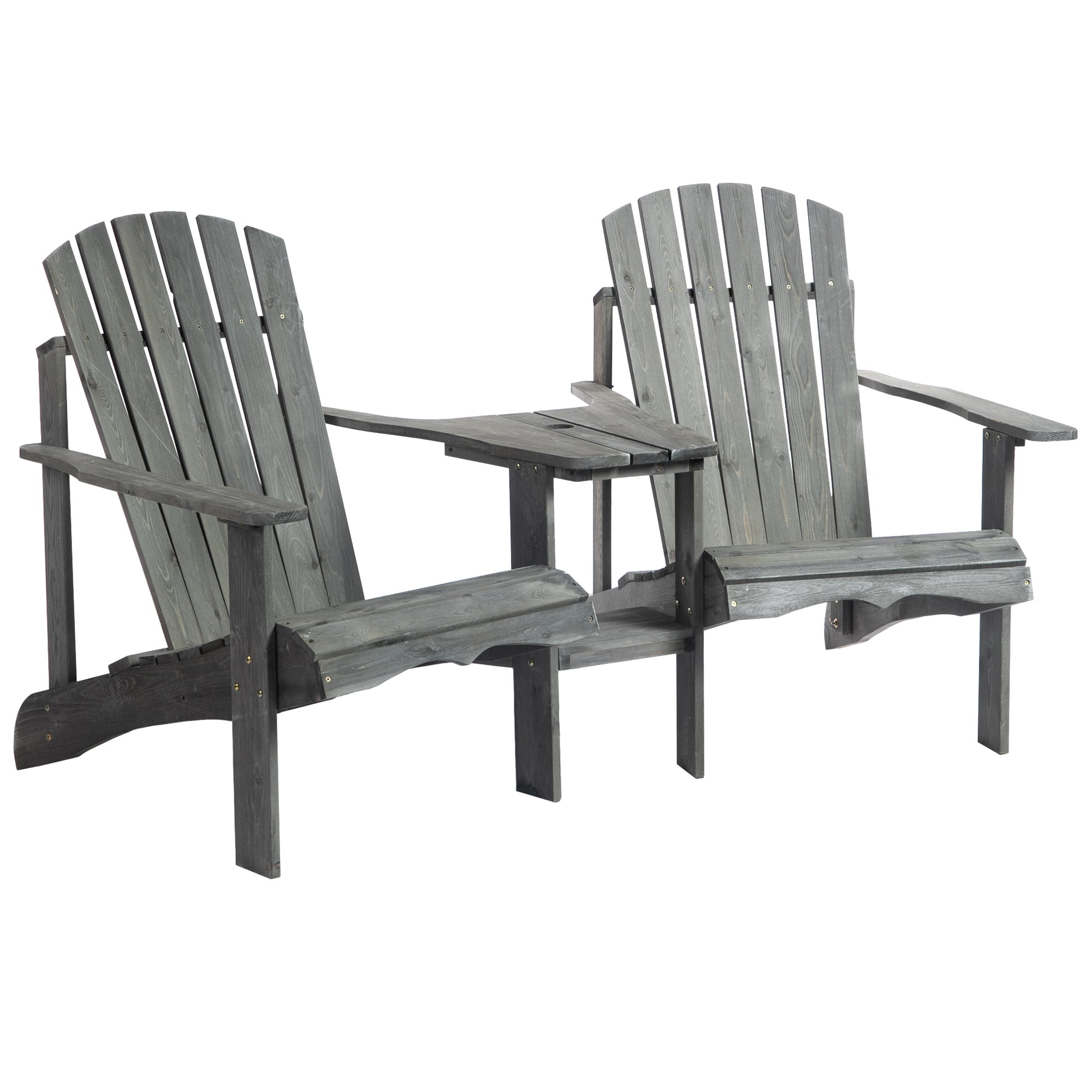 Outsunny Wooden Outdoor Double Adirondack Chairs Loveseat w/ Centre Table and Umbrella Hole, Garden Patio Furniture for Lounging and Relaxing, Grey 