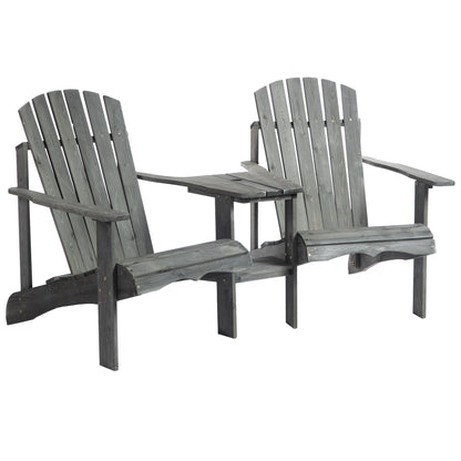 Outsunny Wooden Outdoor Double Adirondack Chairs Loveseat w/ Centre Table and Umbrella Hole, Garden Patio Furniture for Lounging and Relaxing, Grey 
