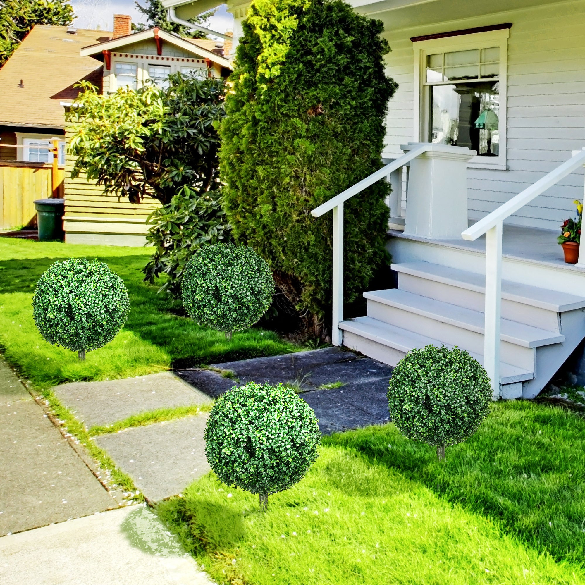 HOMCOM Artificial Boxwood Trees w/ Ground Stake, Set of 2 Ball Shaped Topiary Trees for Home Office & Living Room, UV Resistant 