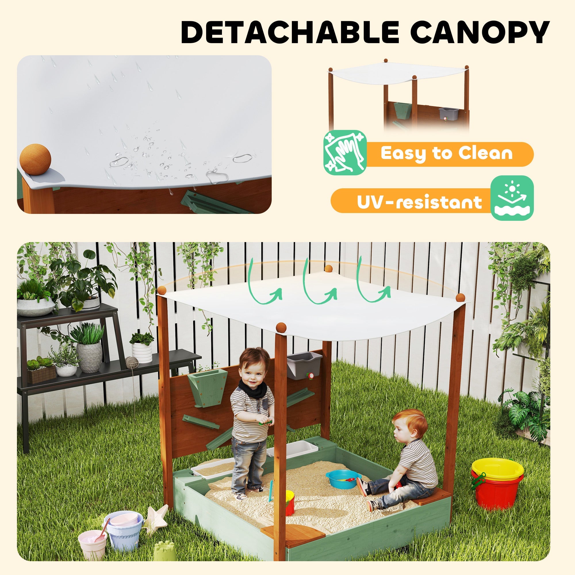 AIYAPLAY Wood Sandpit with Canopy, Storage Bins, Funnel, Liner, Chutes, Bucket with Tap, 116 x 112.5 x 128 cm, Green 