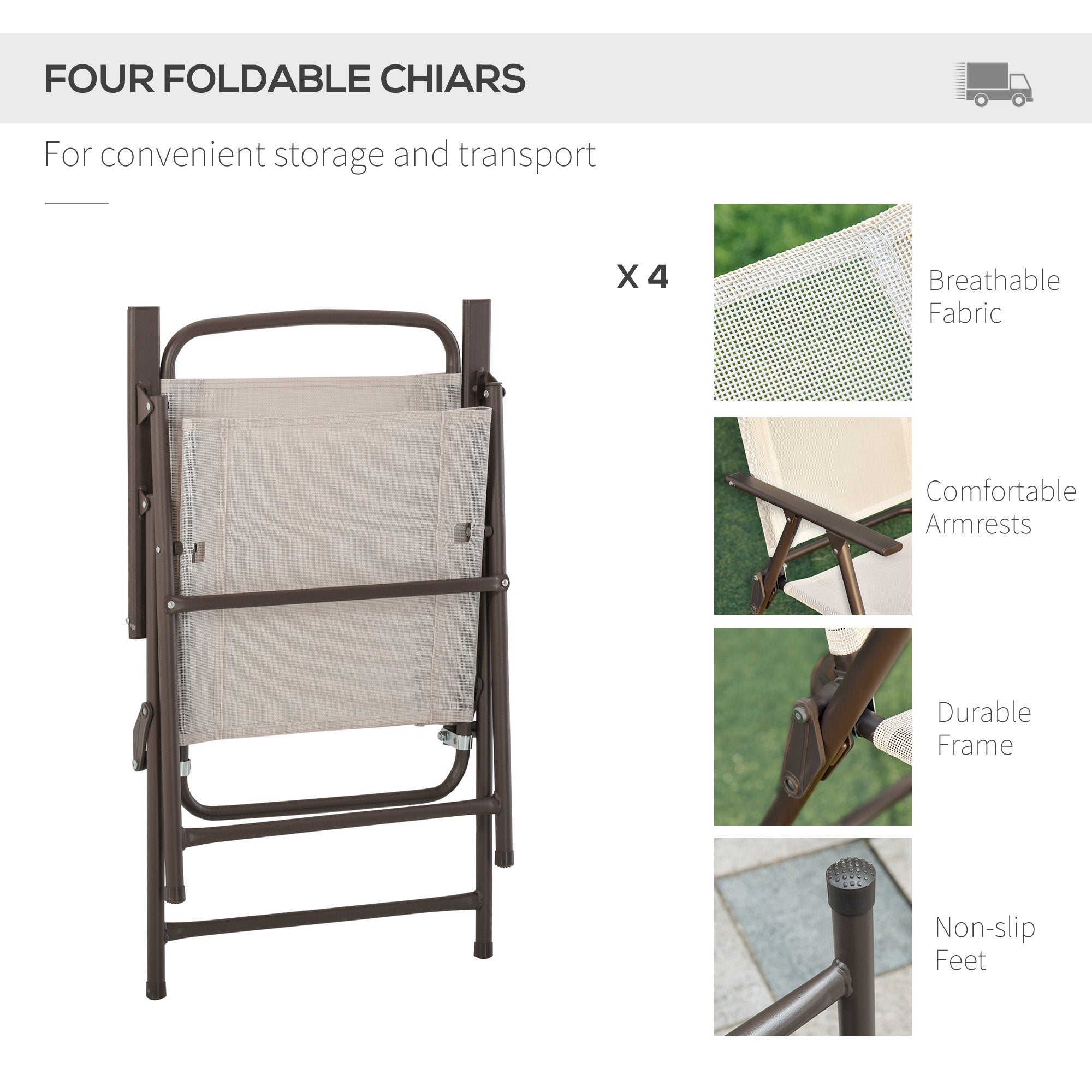 Outsunny Garden Patio Texteline Folding Chairs Plus Table and Parasol Furniture Bistro Set 6 Pieces - Coffee/Cream 