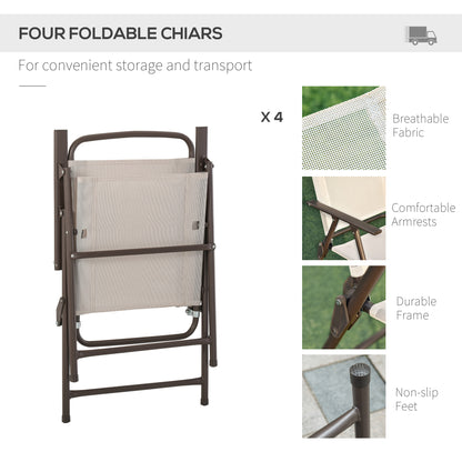 Outsunny Garden Patio Texteline Folding Chairs Plus Table and Parasol Furniture Bistro Set 6 Pieces - Coffee/Cream 