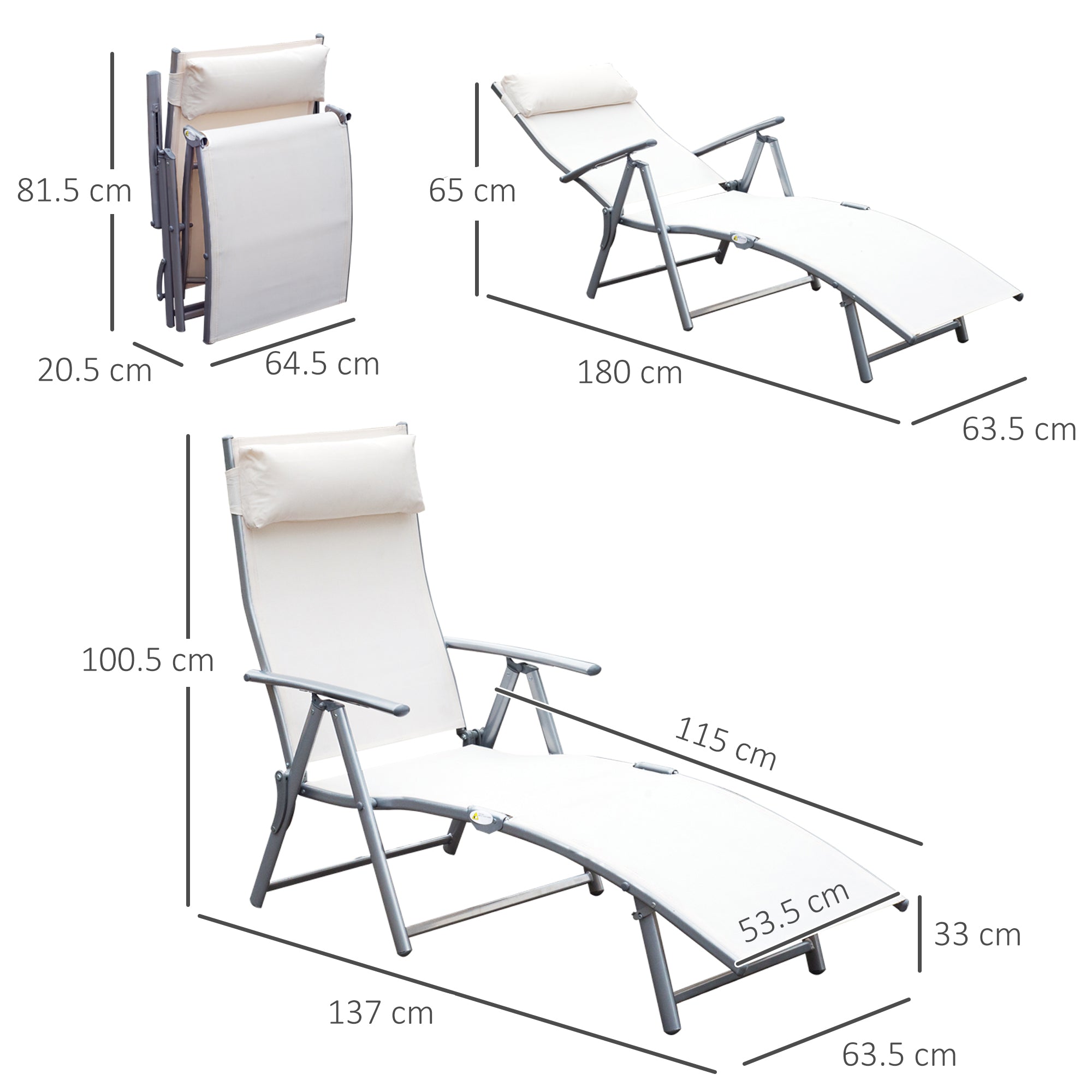 Outsunny Sun Lounger Steel Frame Outdoor Folding Chaise Texteline Lounge Chair Recliner with Headrest & 7 Levels Adjustable Backrest, Cream White 