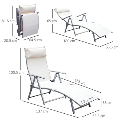 Outsunny Sun Lounger Steel Frame Outdoor Folding Chaise Texteline Lounge Chair Recliner with Headrest & 7 Levels Adjustable Backrest, Cream White 