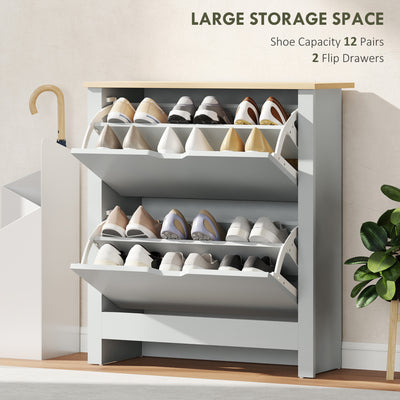 HOMCOM Slim Shoe Cabinet, Narrow Shoe Cupboard with 2 Flip Drawers, Adjustable Shelves for 12 Pairs of Shoes, Light Grey 