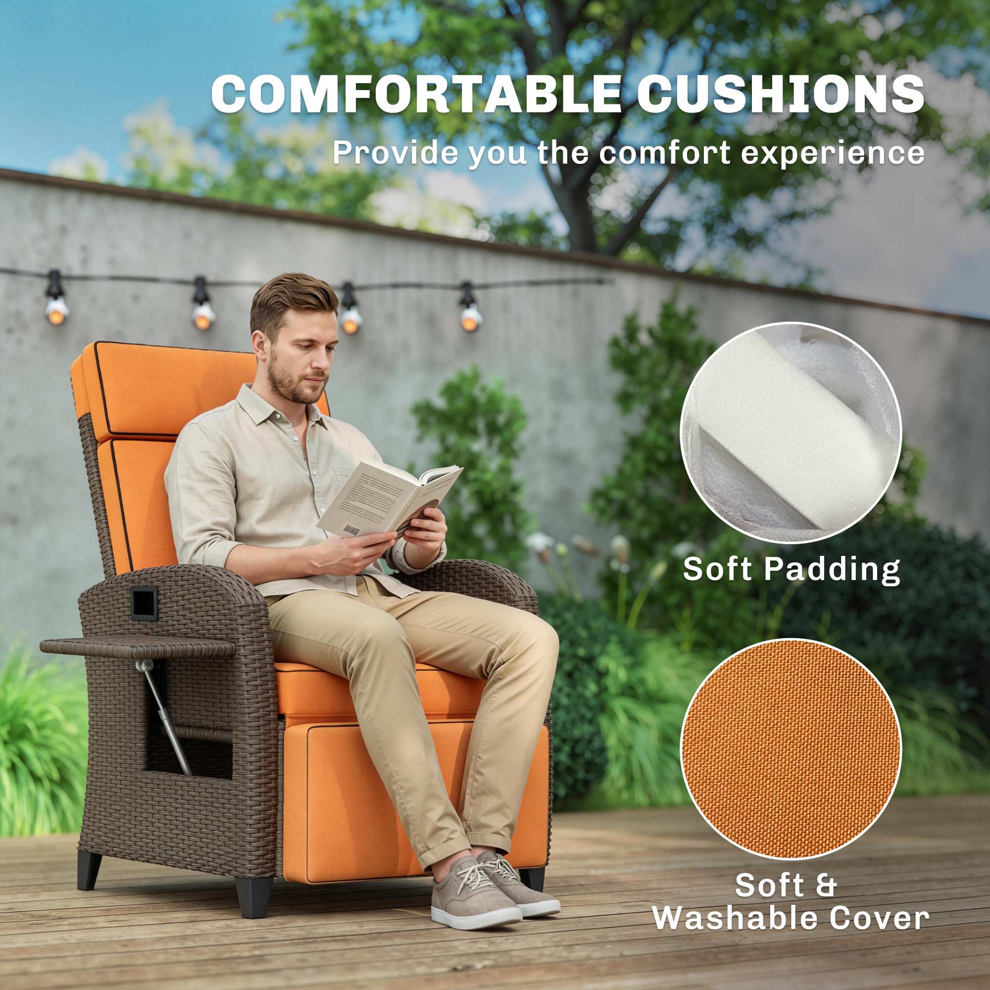 Outsunny Garden Recliner with Cushion, Outdoor Recliner Chair with Adjustable Backrest & Footrest, Side Tray, Orange 