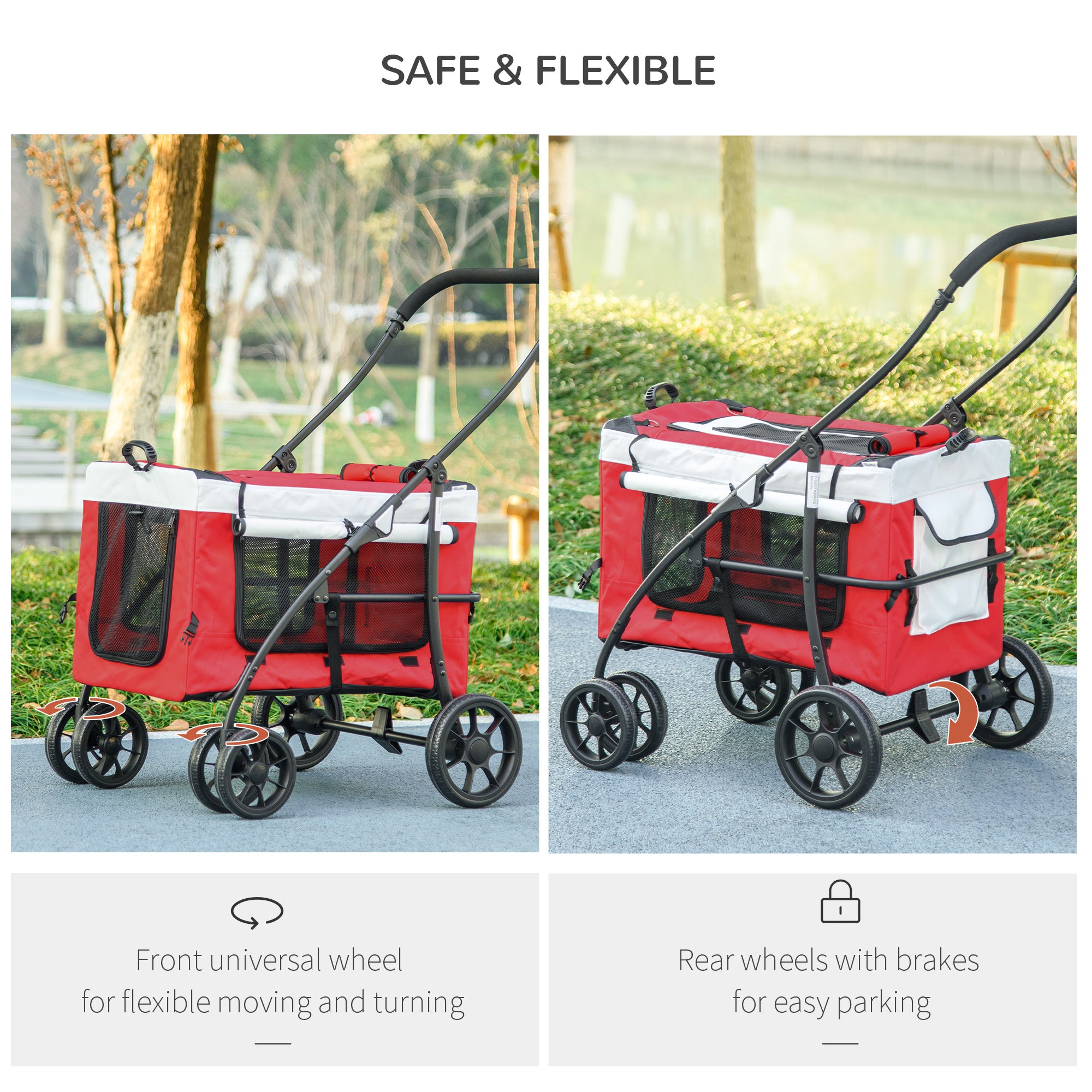 PawHut Foldable Dog Stroller, Pet Travel Crate, with Detachable Carrier, Soft Padding, for Mini, Small Dogs - Red 
