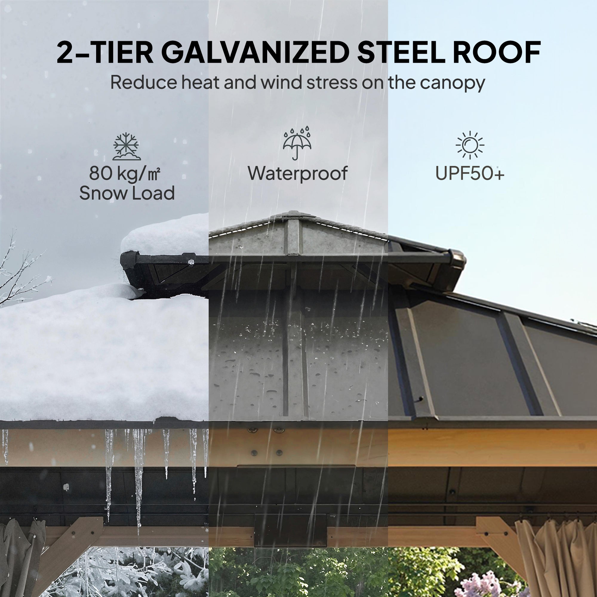 Outsunny 3 x 3 m Outdoor Hardtop Gazebo Canopy with 2-Tier Steel Roof, Wood Garden Gazebo with Curtains, Grey 
