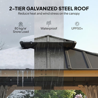Outsunny 3 x 3 m Outdoor Hardtop Gazebo Canopy with 2-Tier Steel Roof, Wood Garden Gazebo with Curtains, Grey 