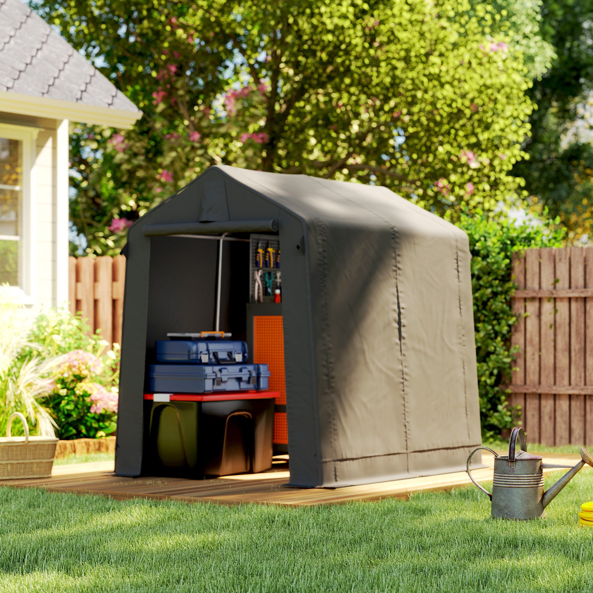 Outsunny 7.5 x 6.2 ft Outdoor Garden Storage Shed, Waterproof Bike Tent with Roll-Up Zipper Door and Vent, Dark Grey 