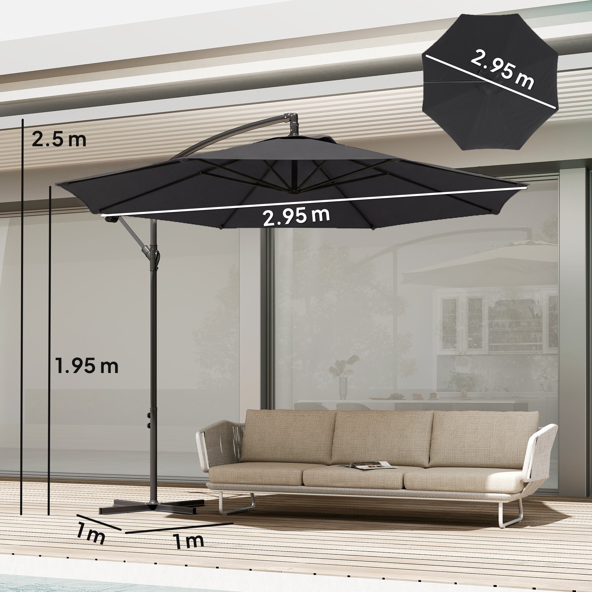 Outsunny 3 m Overhanging Cantilever Parasol, with Cross Base - Black 
