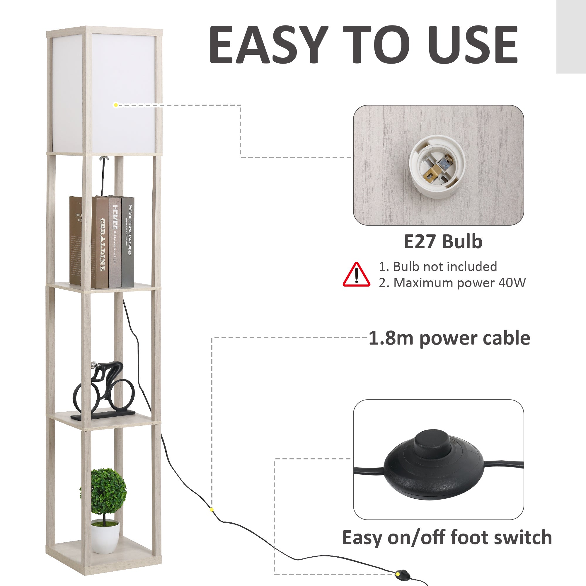 HOMCOM 3-Tier Floor Lamp, Floor Light with Storage Shelf, Reading Standing Lamp with Acrylic Shade for Living Room, Bedroom, Kitchen, Dining Room, Office, Dorm, 160cm, Oak 
