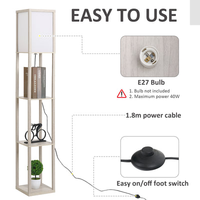 HOMCOM 3-Tier Floor Lamp, Floor Light with Storage Shelf, Reading Standing Lamp with Acrylic Shade for Living Room, Bedroom, Kitchen, Dining Room, Office, Dorm, 160cm, Oak 