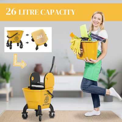 HOMCOM 26 Litre Mop Bucket, with Wringer and Mop - Yellow 