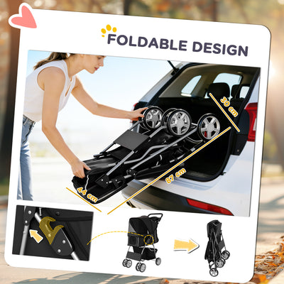 PawHut Dog Pram, Pet Stroller with Reflective Strips, Foldable Cat Stroller with 360° Swivel Wheels, Black 