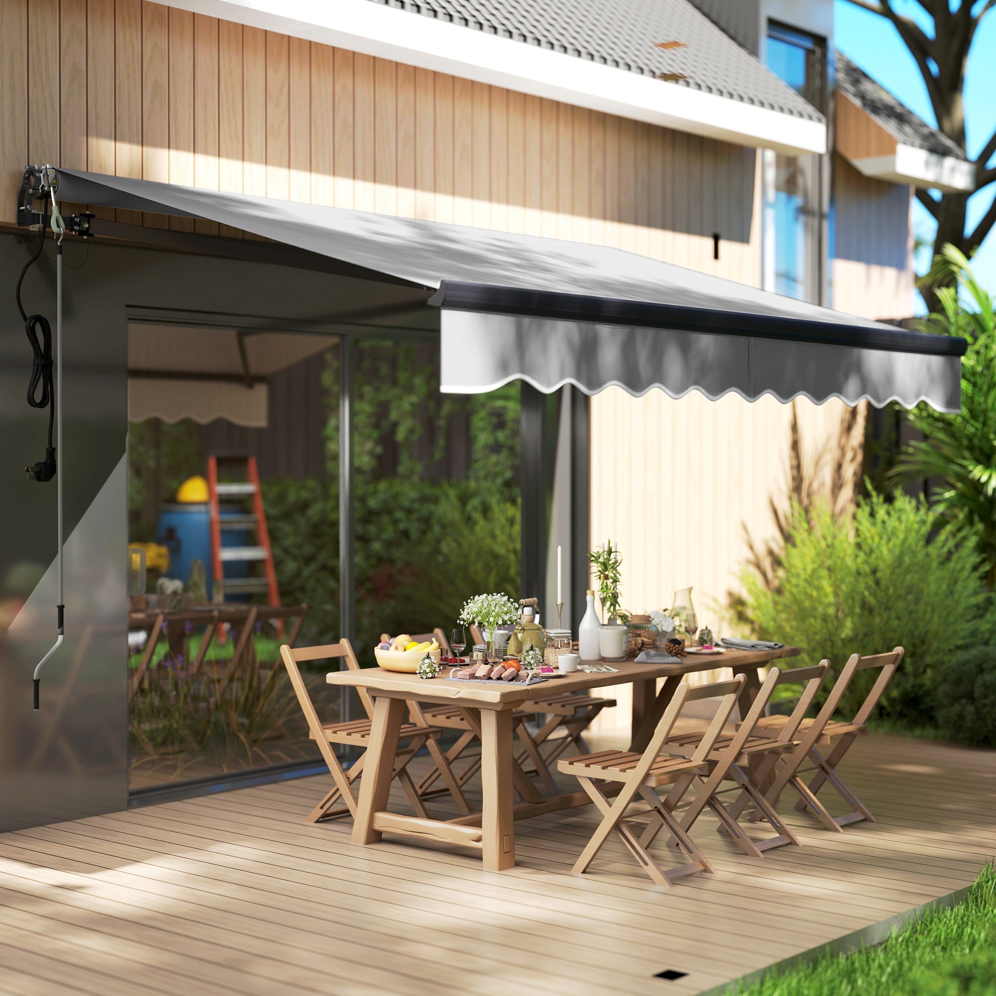 Outsunny 3 x 2.5m Electric Awning with Remote Controller, Aluminium Frame DIY Retractable Awning, UV30+ Sun Shade Canopy for Garden Patio Deck Door Window, Light Grey 