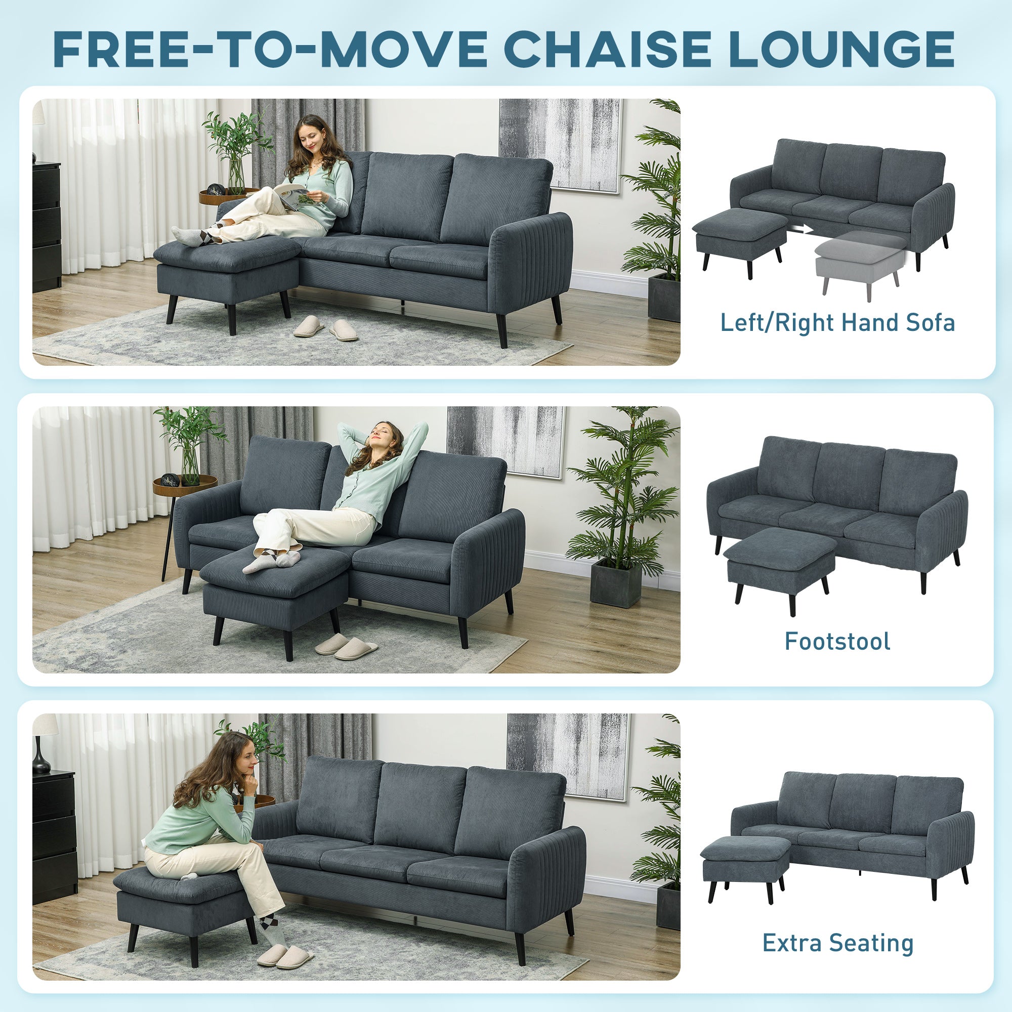 HOMCOM Corner Sofa with Reversible Chaise Lounge, Corduroy Fabric 3 Seater Sofa Settee for Living Room, L Shaped Couch with Scatter Back, Left/Right Hand, Charcoal Grey