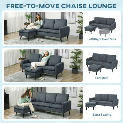 HOMCOM Corner Sofa with Reversible Chaise Lounge, Corduroy Fabric 3 Seater Sofa Settee for Living Room, L Shaped Couch with Scatter Back, Left/Right Hand, Charcoal Grey