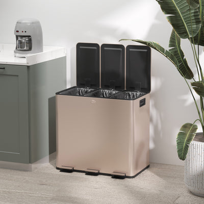 HOMCOM 45L Triple Compartment Stainless Steel Bin, with Deodoriser Holders - Gold Tone 