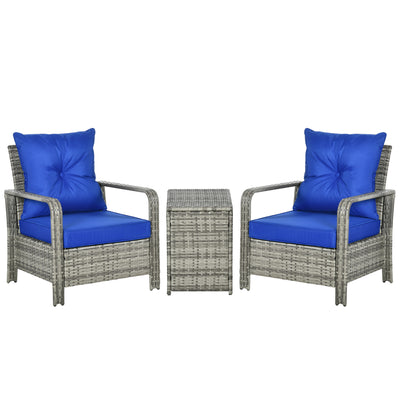 Outsunny 3 Pieces Rattan Bistro Set, Wicker Garden Furniture Set with Storage  Coffee Table and Chairs, Thickened Cushions for Outdoor, Patio, Balcony, Blue 