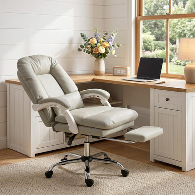 HOMCOM Ergonomic Executive Office Chair, Reclining Desk Chair with Lumbar Support, Footrest, Plush Thick Cushion, Khaki