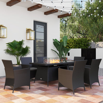 Outsunny 7 Pieces Outdoor Rattan Garden Furniture with Fire Pit Table, 6 Seater Garden Table and Chairs with Cushions, Rattan Dining Set with Propane Heater Table, Windscreen, 50,000 BTU, Black 