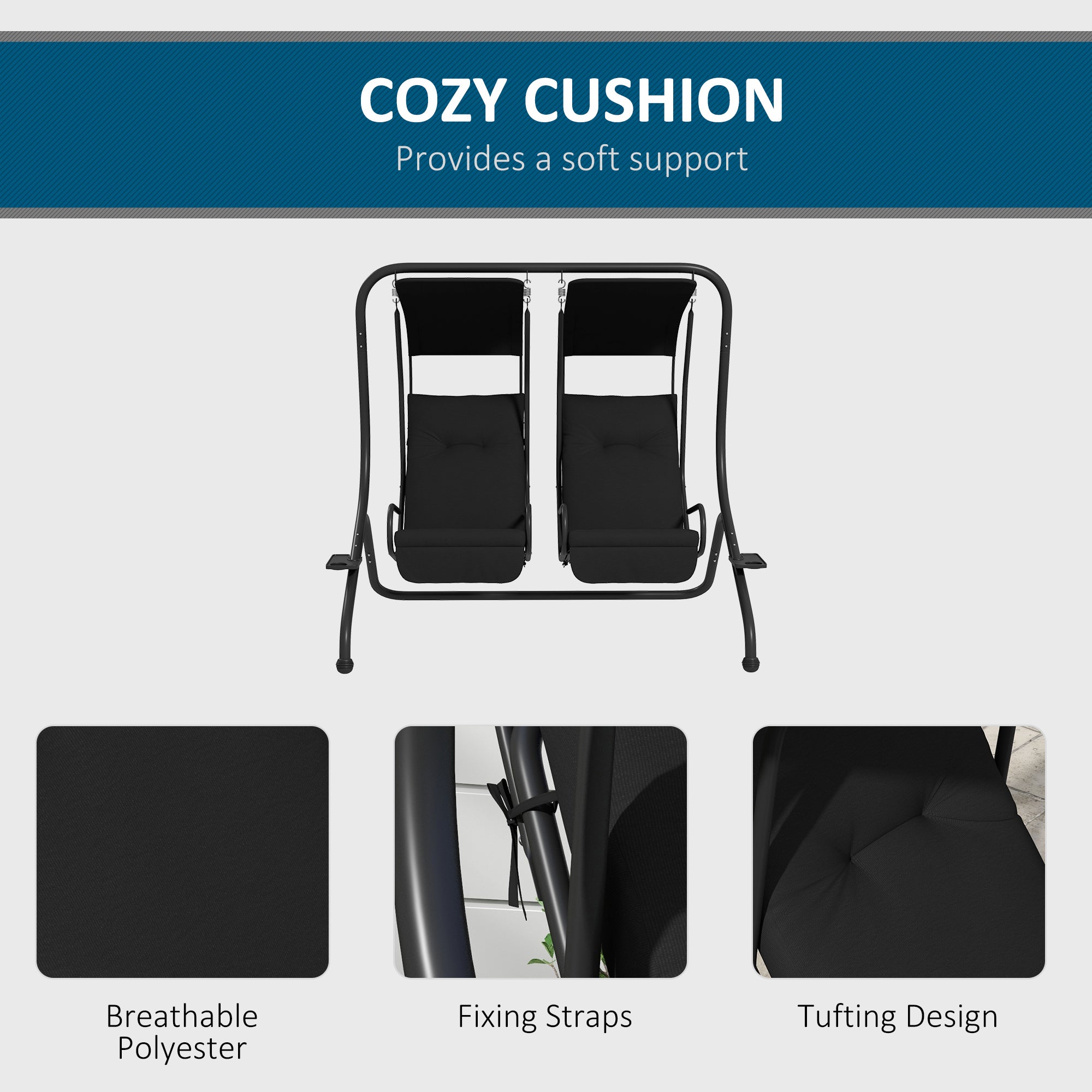 Outsunny Two-Seat Garden Swing Chair, with Protective Canopy - Black 