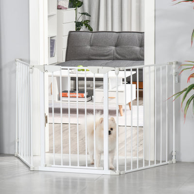 PawHut Pet Safety Gate, 3 Panels Playpen Fireplace, Metal Fence, Stair Barrier, Room Divider w/ Walk-Through Door - White 