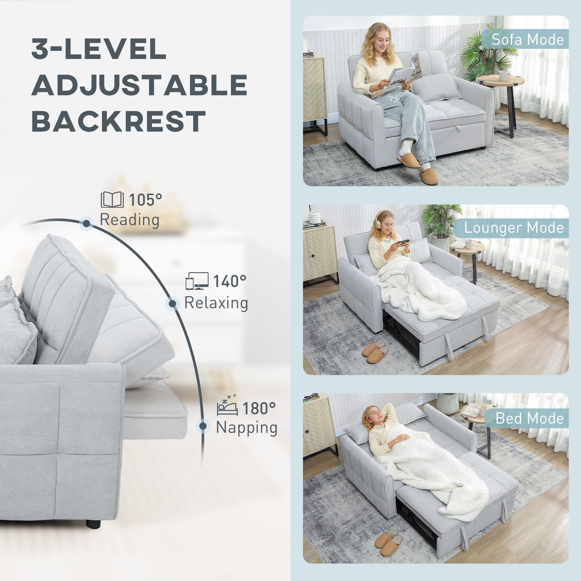 HOMCOM 2 Seater Sofa Bed, 3-in-1 Convertible Sleeper Sofa with Click-clack Adjustable Backrest and 2 Pillows, Light Grey 
