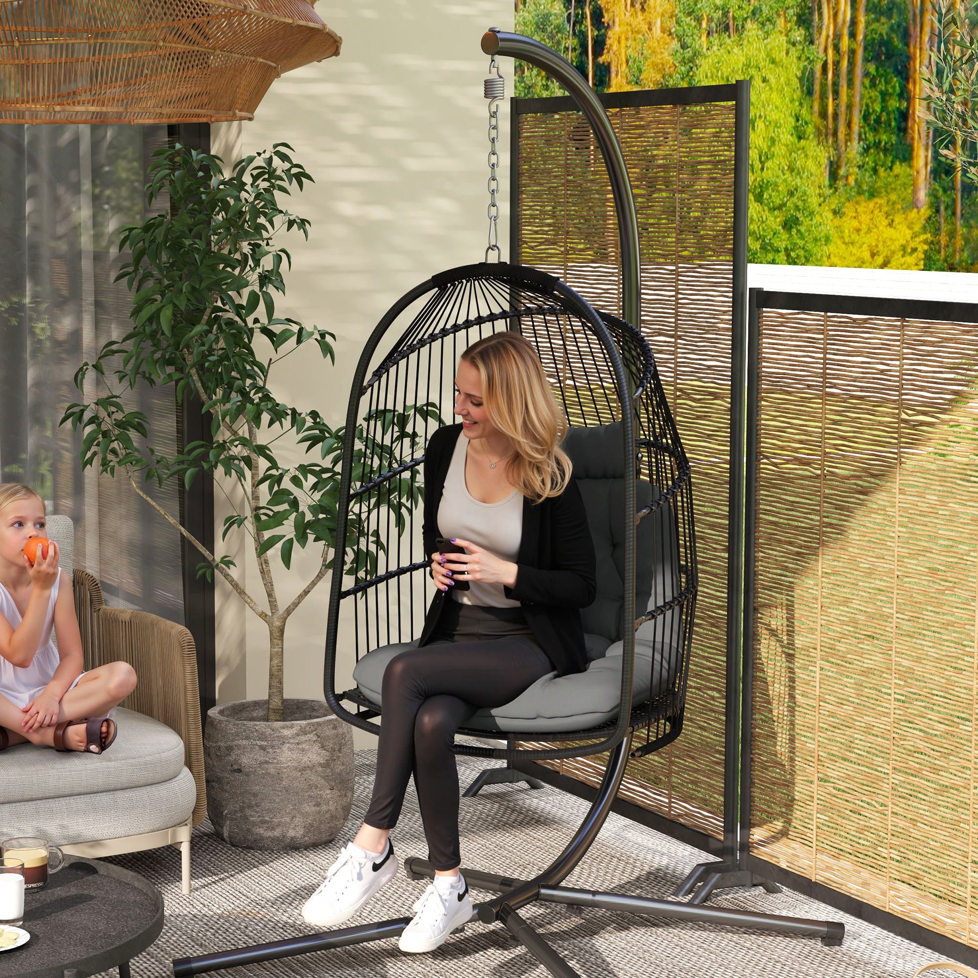 Outsunny Hanging Egg Chair, Foldable Rattan Garden Swing Chair with Installation Kit, Thickened Cushion and Headrest, Indoor Outdoor Hanging Egg Basket Seat for Patio, Porch, Dark Grey 
