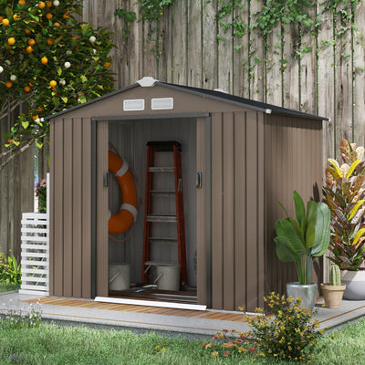 Outsunny 7 x 4ft Metal Garden Shed, Outdoor Storage Tool House with Ventilation Slots, Foundation Kit and Lockable Double Doors, Brown 