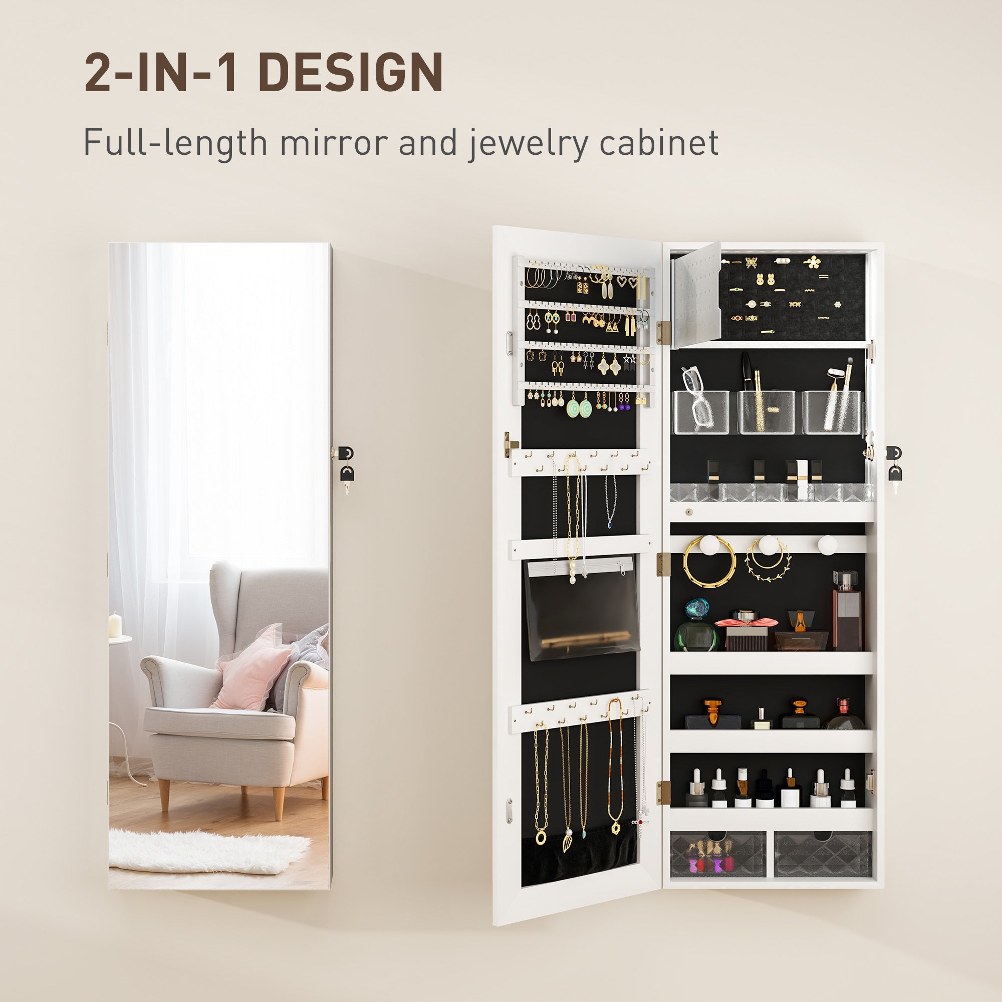 HOMCOM 108 x 37cm Lockable Jewellery Cabinet, with LED Lights - White Surface and Black Lining 