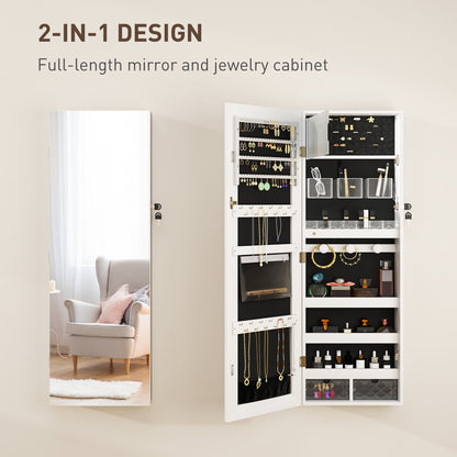 HOMCOM 108 x 37cm Lockable Jewellery Cabinet, with LED Lights - White Surface and Black Lining 