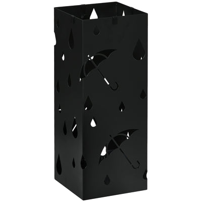 HOMCOM Steel Umbrella Stand, Square Umbrella Holder with 4 Hooks and Removable Drip Tray, Hollowed Umbrella Basket for Hallway, Black 