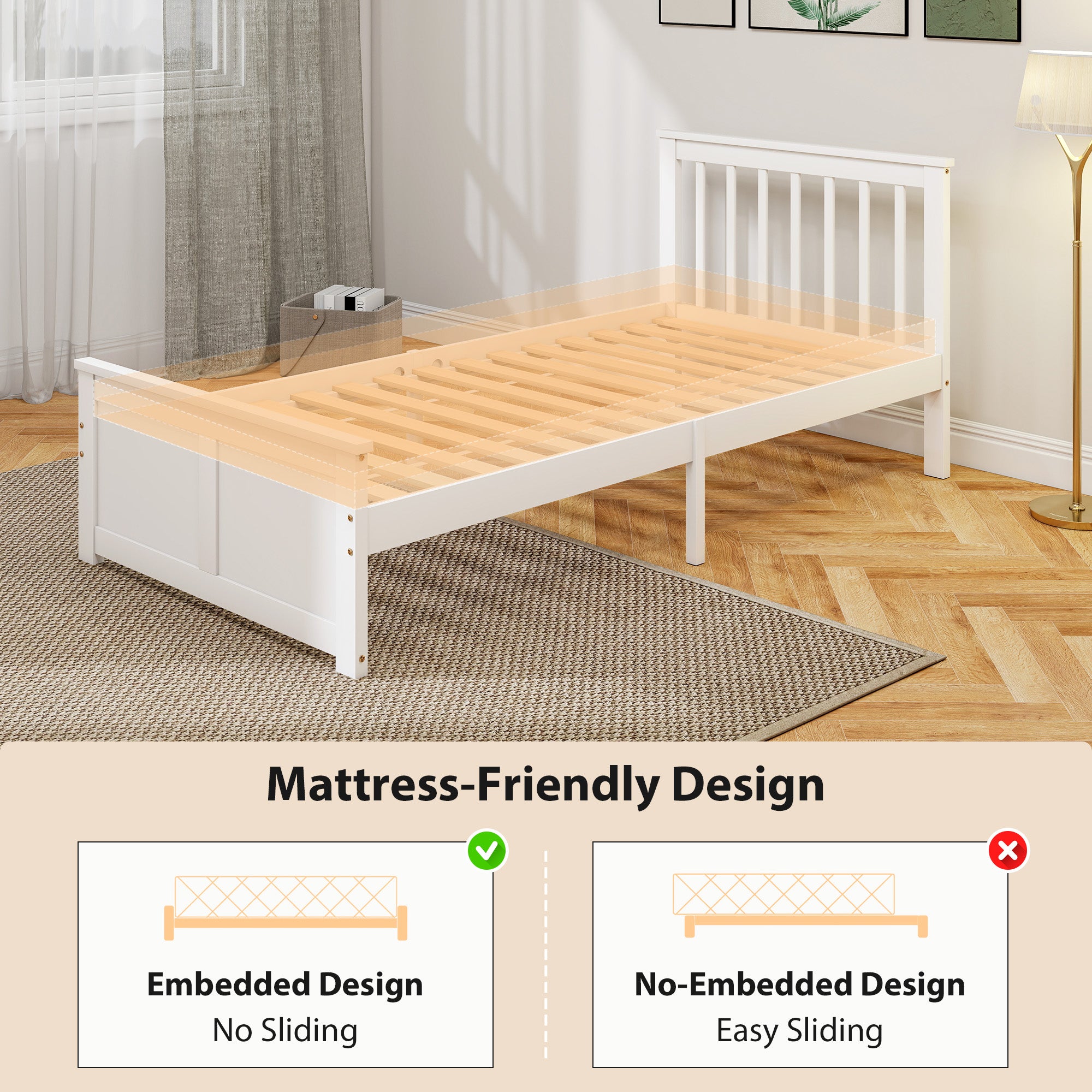 HOMCOM Wooden Single Bed Frame, with Drawers - White 