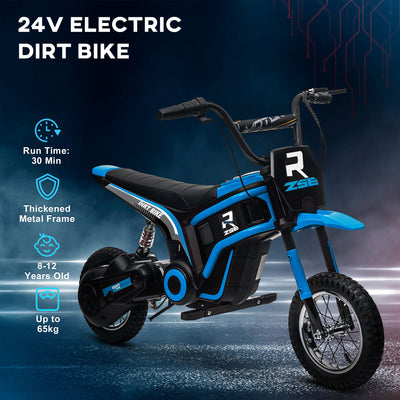 HOMCOM 24V Electric Motorbike with Twist Grip Throttle, Music, Horn, 12" Pneumatic Tyres, 16km/h Max Speed - Blue 