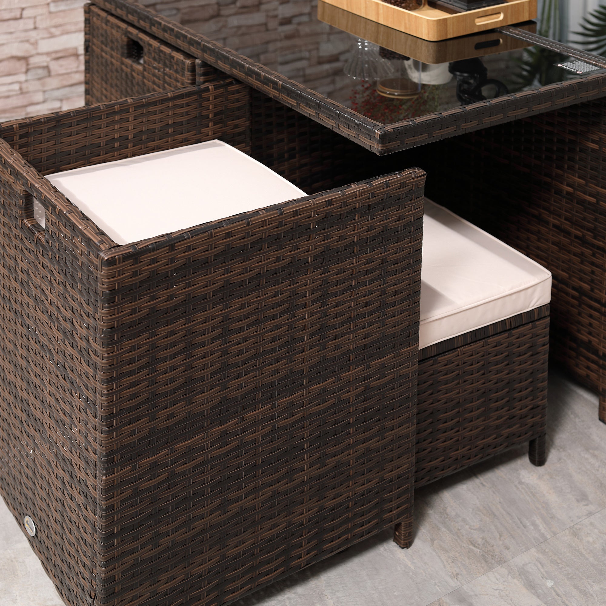 Outsunny 8 Seater Rattan Cube Garden Furniture Set, Rattan Dining Set with Cushions, Outdoor Dining Table and Chairs with 4 Armchairs, 4 Stools, Square Glass Top Table for Patio, Balcony, Brown 