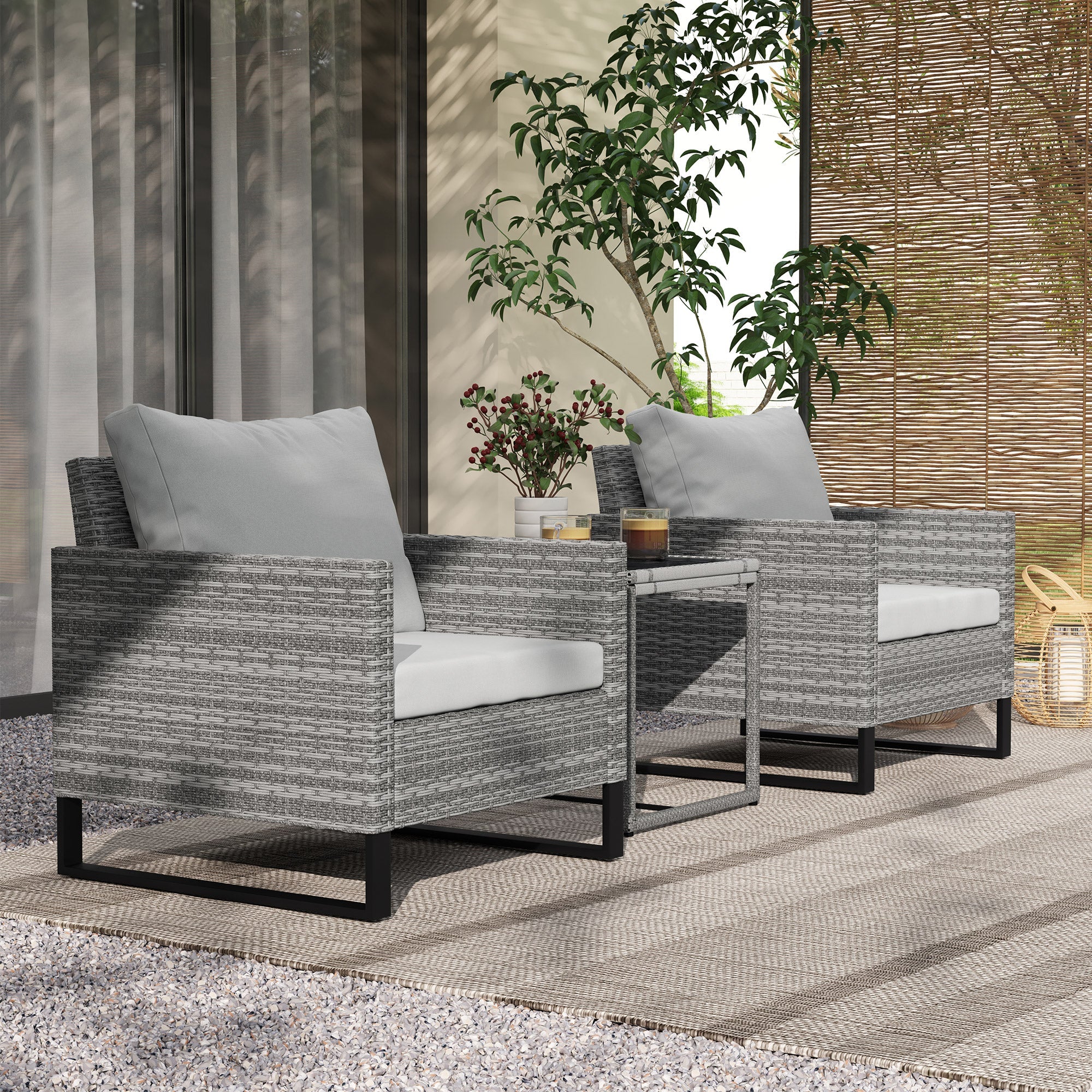 Outsunny 3 Pieces Rattan Bistro Set with 4 Cushions, Wicker Garden Furniture Set, Glass Top Coffee Table and Chairs for Outdoor Patio, Balcony, Terrace and Conservatory, Grey 