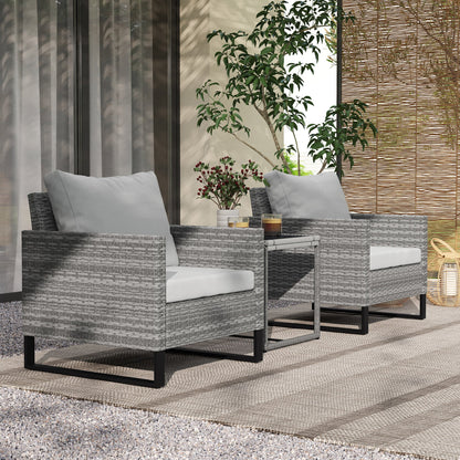 Outsunny 3 Pieces Rattan Bistro Set with 4 Cushions, Wicker Garden Furniture Set, Glass Top Coffee Table and Chairs for Outdoor Patio, Balcony, Terrace and Conservatory, Grey 