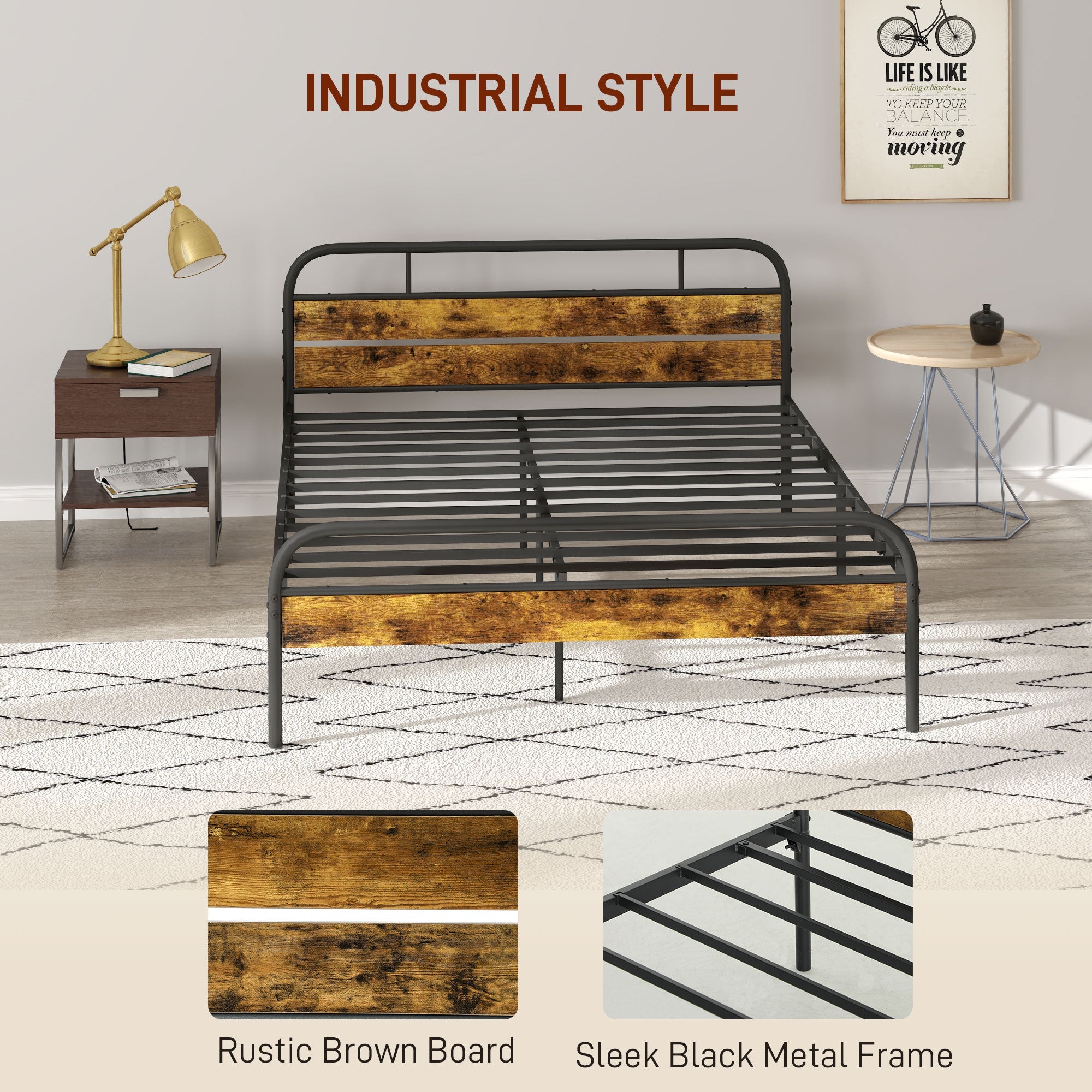 HOMCOM Industrial-Style King Bed Frame - Black/Brown 