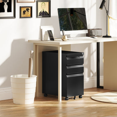 Vinsetto 3-Drawer Steel Filing Cabinet with Lock and Wheels - Black 