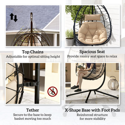 Outsunny Hanging Egg Chair Outdoor Indoor Garden Swing Chair with Folding Basket, Thickened Cushion, Garden Hanging Chair with Stand, Headrest for Patio, Balcony, Khaki 